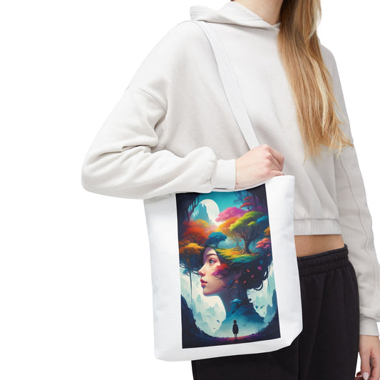 Bolsa de tela con paisaje onírico surrealista: mujer colorida y arte forestal