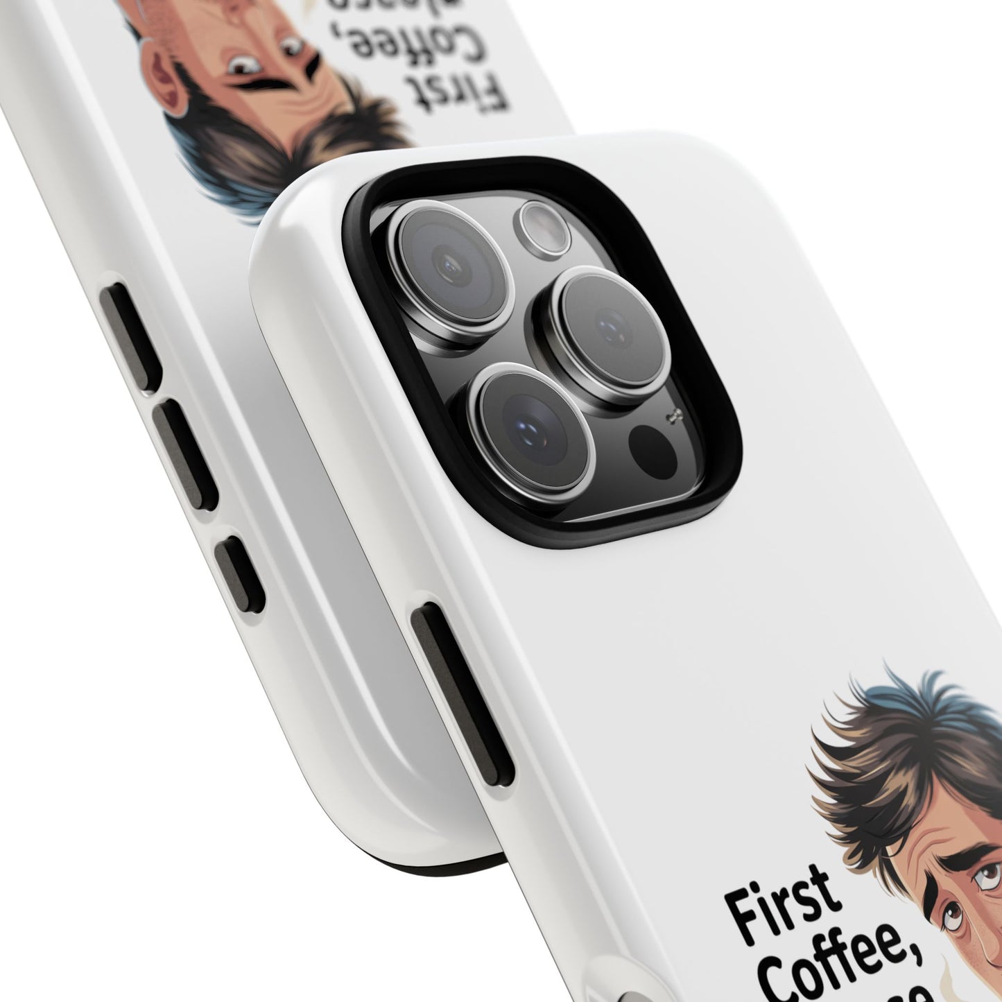 Funda para iPhone: "Primer café, por favor". Ilustración divertida del café de la mañana.