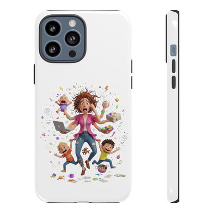 iPhone Phone Case — Hectic Mom Cartoon Design (Multitasking Mother, Kids & Chaos)