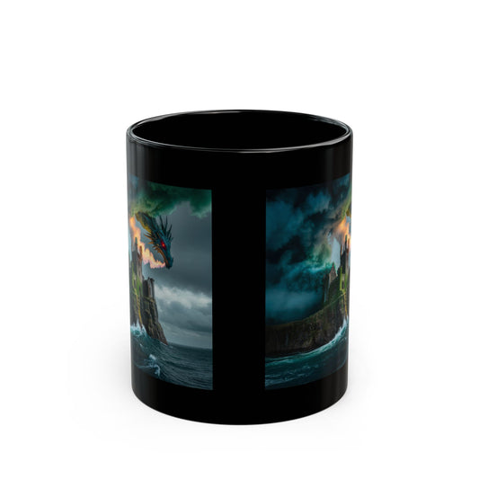 Fantasy Dragon Art Black Mug, Gift for Dragon Lovers, Unique Coffee Cup, Mythical Creature Gift, Brave Adventurer Mug, Fantasy Home Decor
