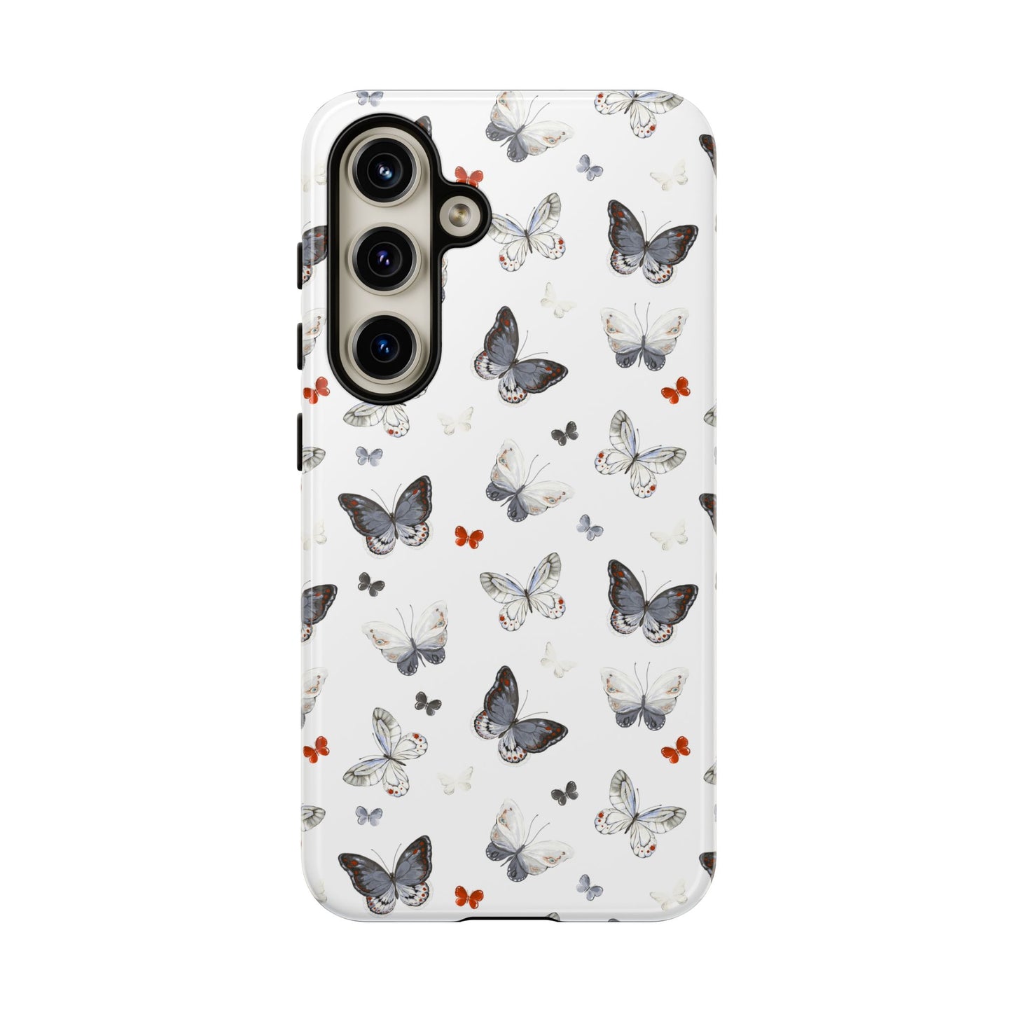 Funda para Samsung con diseño de mariposas: elegante funda protectora monocromática con detalles en rojo