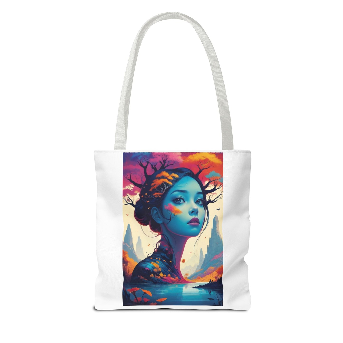 Artistic Blue Forest Maiden Tote Bag - Surreal Portrait All-Over Print