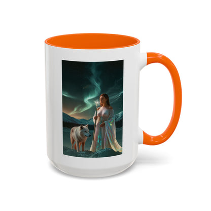 Taza de café Aurora Guardiana — Arte fantástico de mujer con lobo