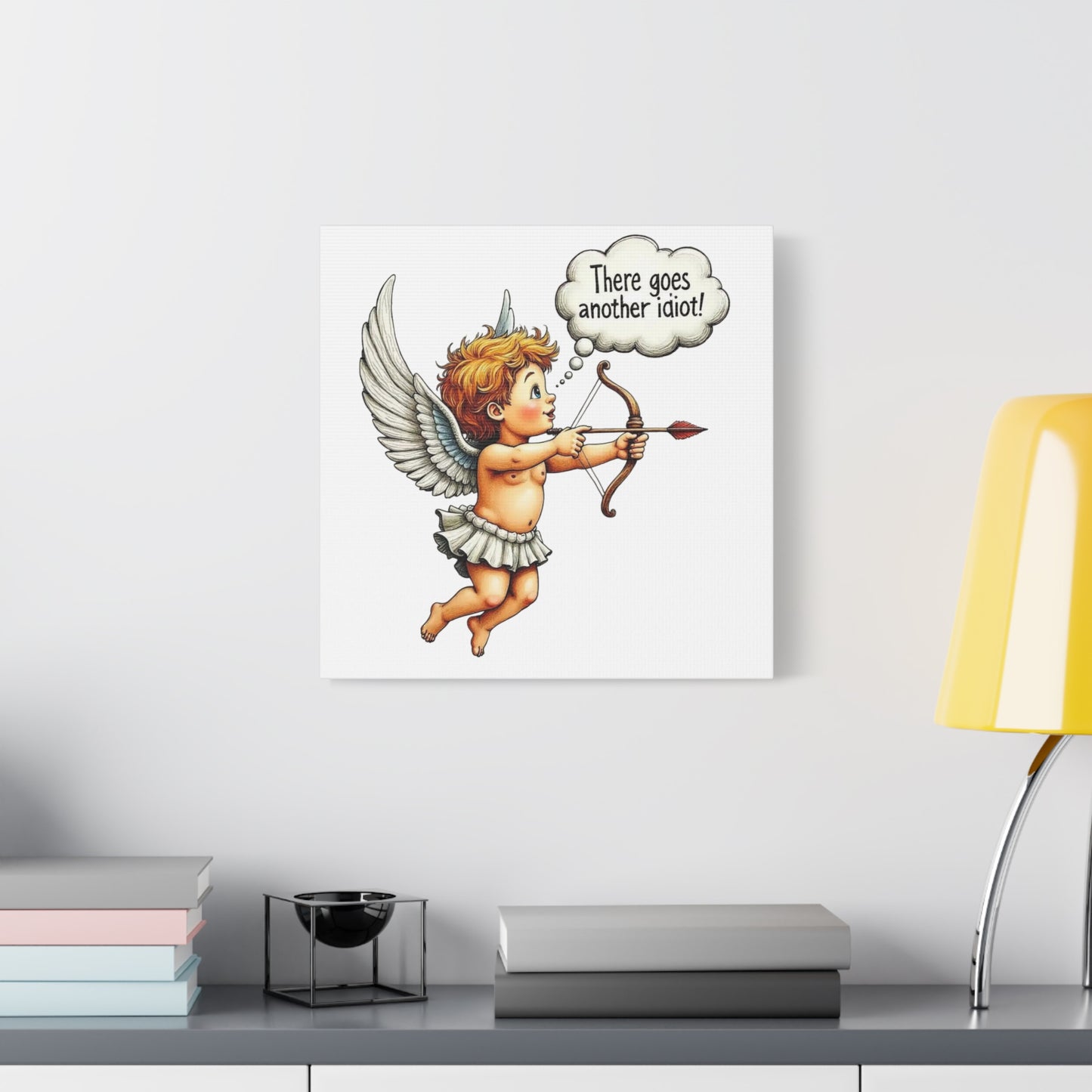 Funny Cupid Canvas Wall Art – 'There Goes Another Idiot!' Stretched Matte Canvas