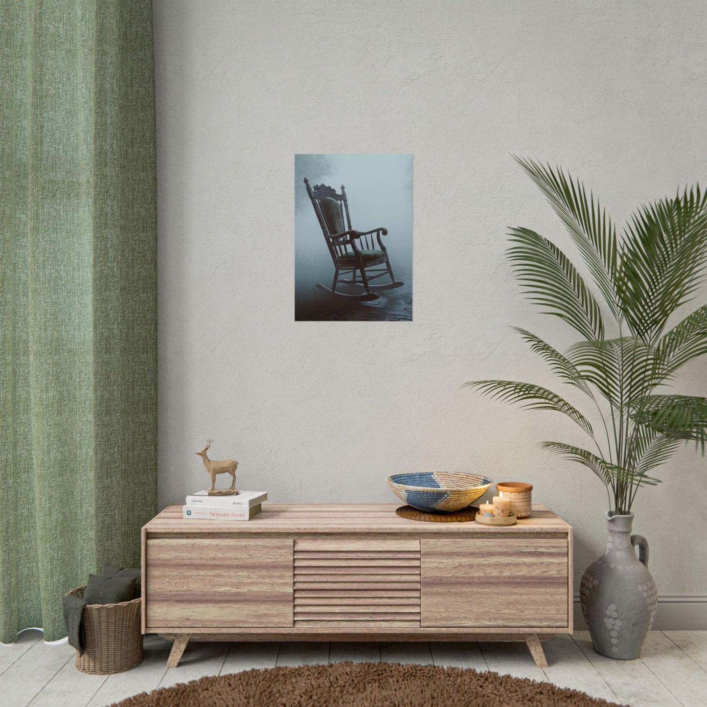 Vintage-Schaukelstuhl-Poster – Stimmungsvolles, nebliges Cottage-Wandbild (gerolltes Poster)