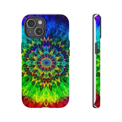 Funda resistente para teléfono con diseño de mandala psicodélico: protección vibrante con efecto tie-dye