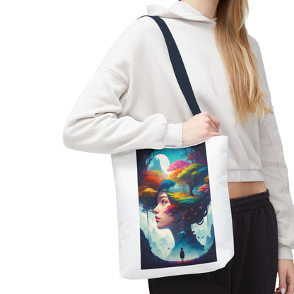 Surreale Traumlandschaft-Tragetasche – Bunte Frau &amp; Waldmotiv