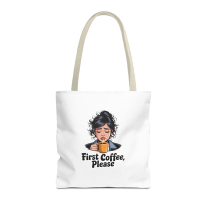 First Coffee Please Tote Bag — Cute Morning Coffee Lover Canvas Tote