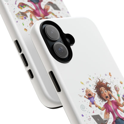 iPhone Phone Case — Hectic Mom Cartoon Design (Multitasking Mother, Kids & Chaos)
