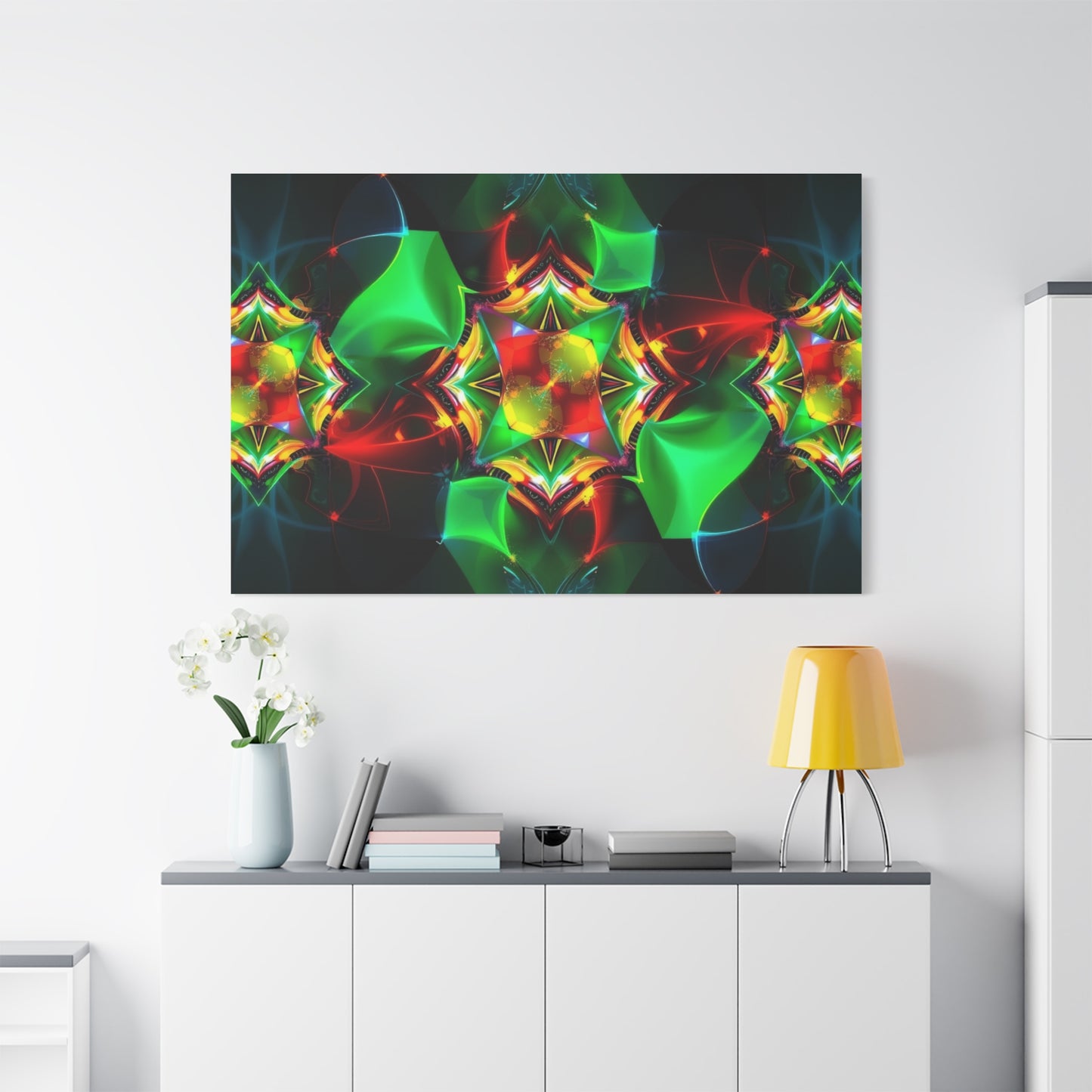 Kaleidoscope Abstract Matte Canvas Wall Art — Vibrant Green & Red Stretched Print
