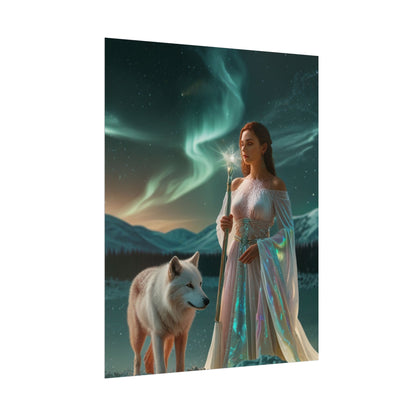 Aurora Guardian Poster – Fantasy-Frau mit weißem Wolf (Wandbild)