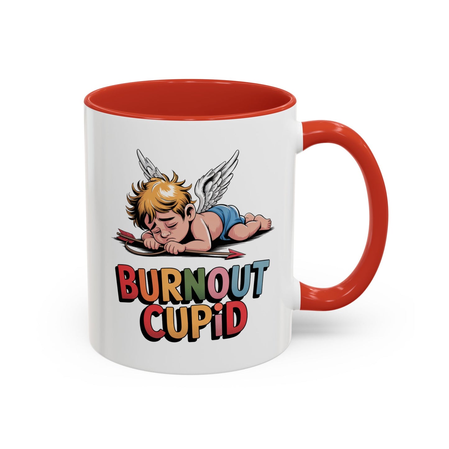 Burnout Cupid Coffee Mug — Cute Tired Cupid Accent Mug (11/15 oz)