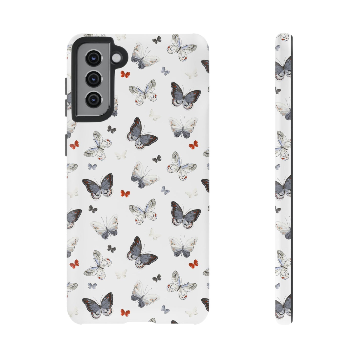 Funda para Samsung con diseño de mariposas: elegante funda protectora monocromática con detalles en rojo