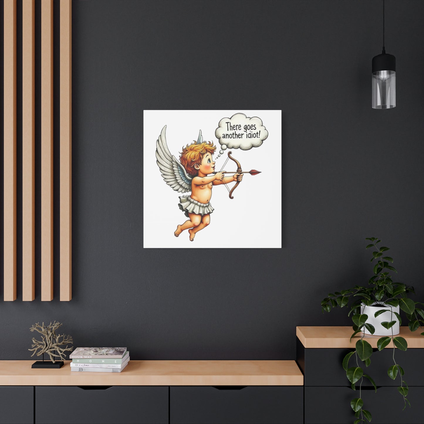 Funny Cupid Canvas Wall Art – 'There Goes Another Idiot!' Stretched Matte Canvas