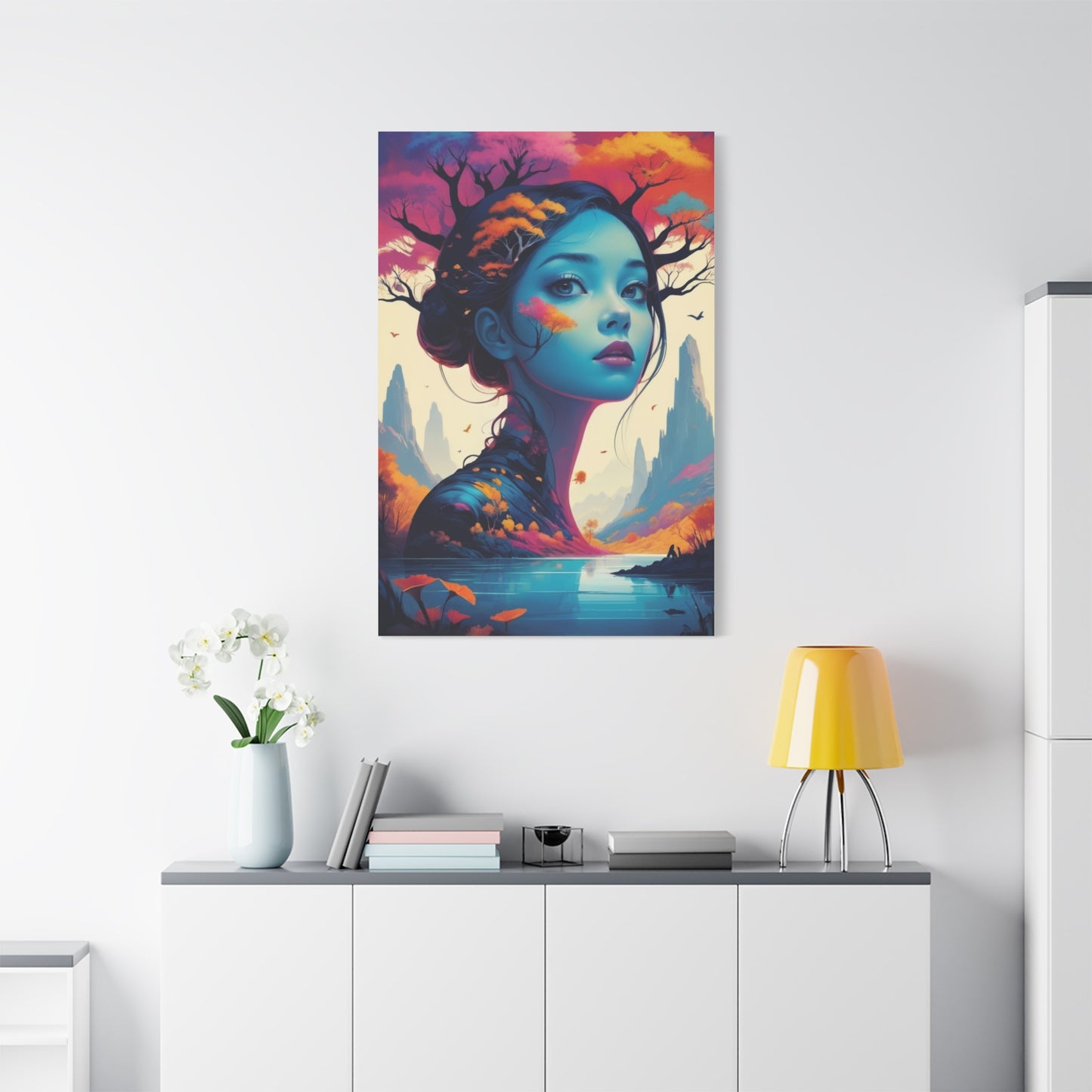 Surreal Blue Muse Matte Stretched Canvas Art — Dreamscape Portrait Wall Decor