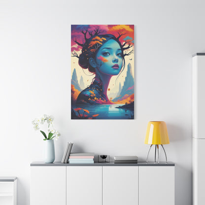 Surreal Blue Muse Matte Stretched Canvas Art — Dreamscape Portrait Wall Decor