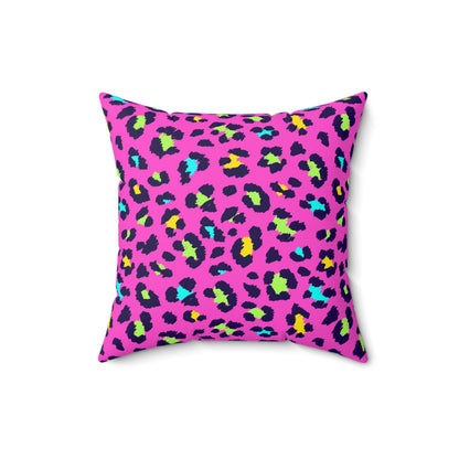 Pink Neon Leopard Print Square Pillow – Bright Animal Print Decorative Cushion
