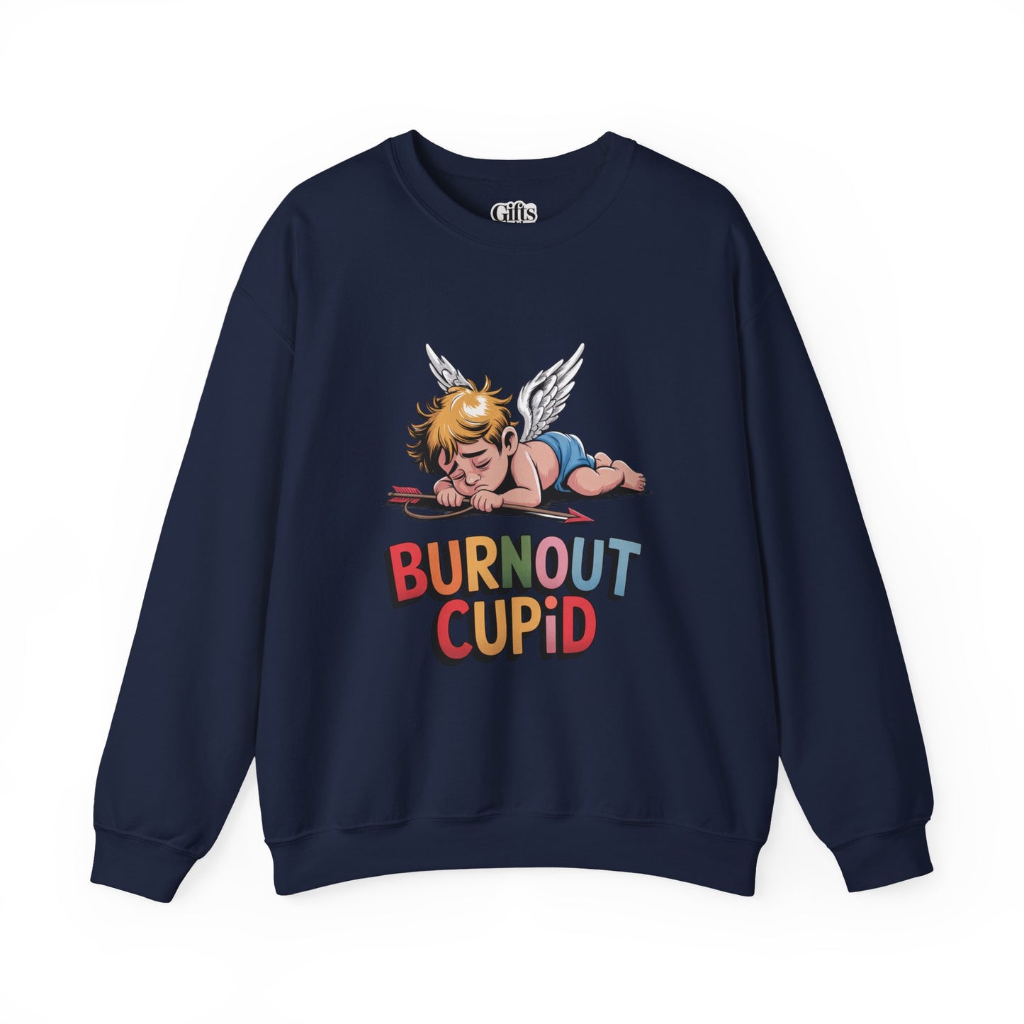 Burnout Cupid Sweatshirt — Tired Cupid Graphic Crewneck for Valentine’s Day