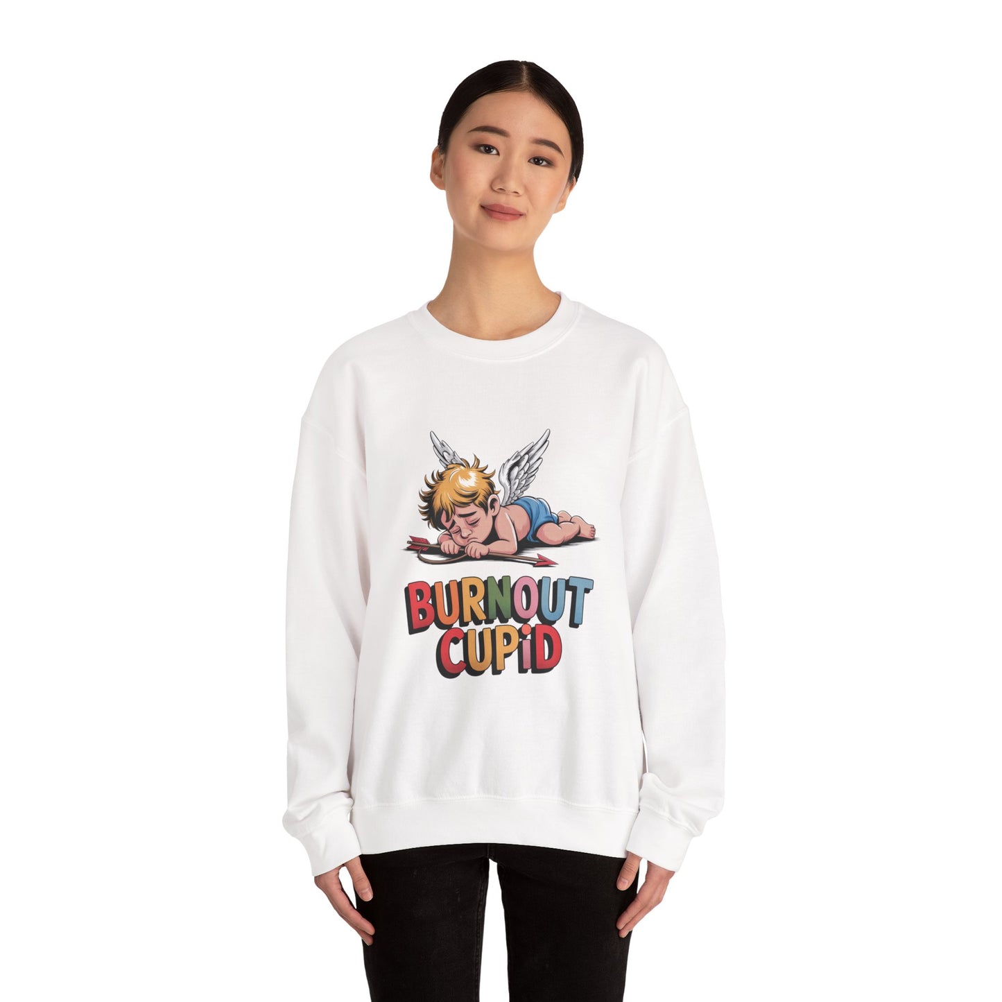 Burnout Cupid Sweatshirt — Tired Cupid Graphic Crewneck for Valentine’s Day
