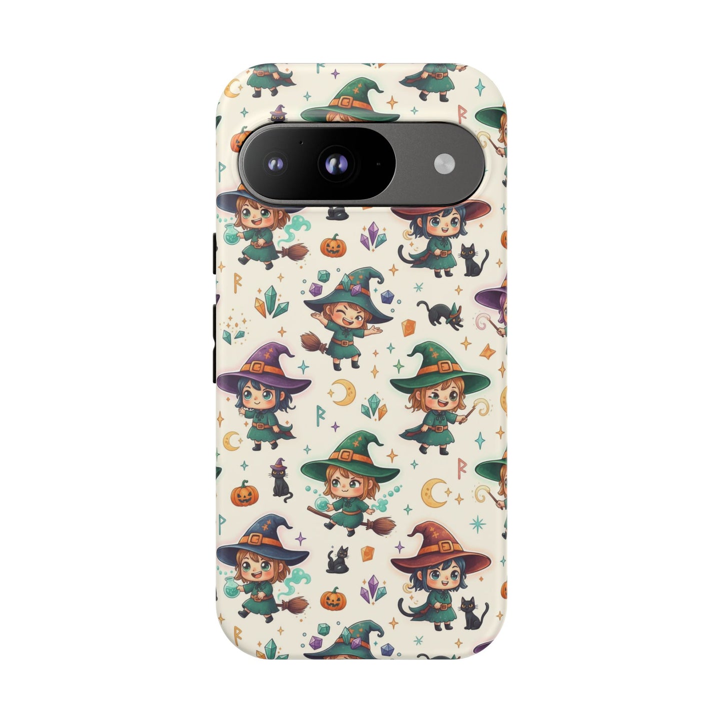 Google Phone - Cute Halloween Witch Phone Case – Cartoon Witches, Black Cats & Pumpkins
