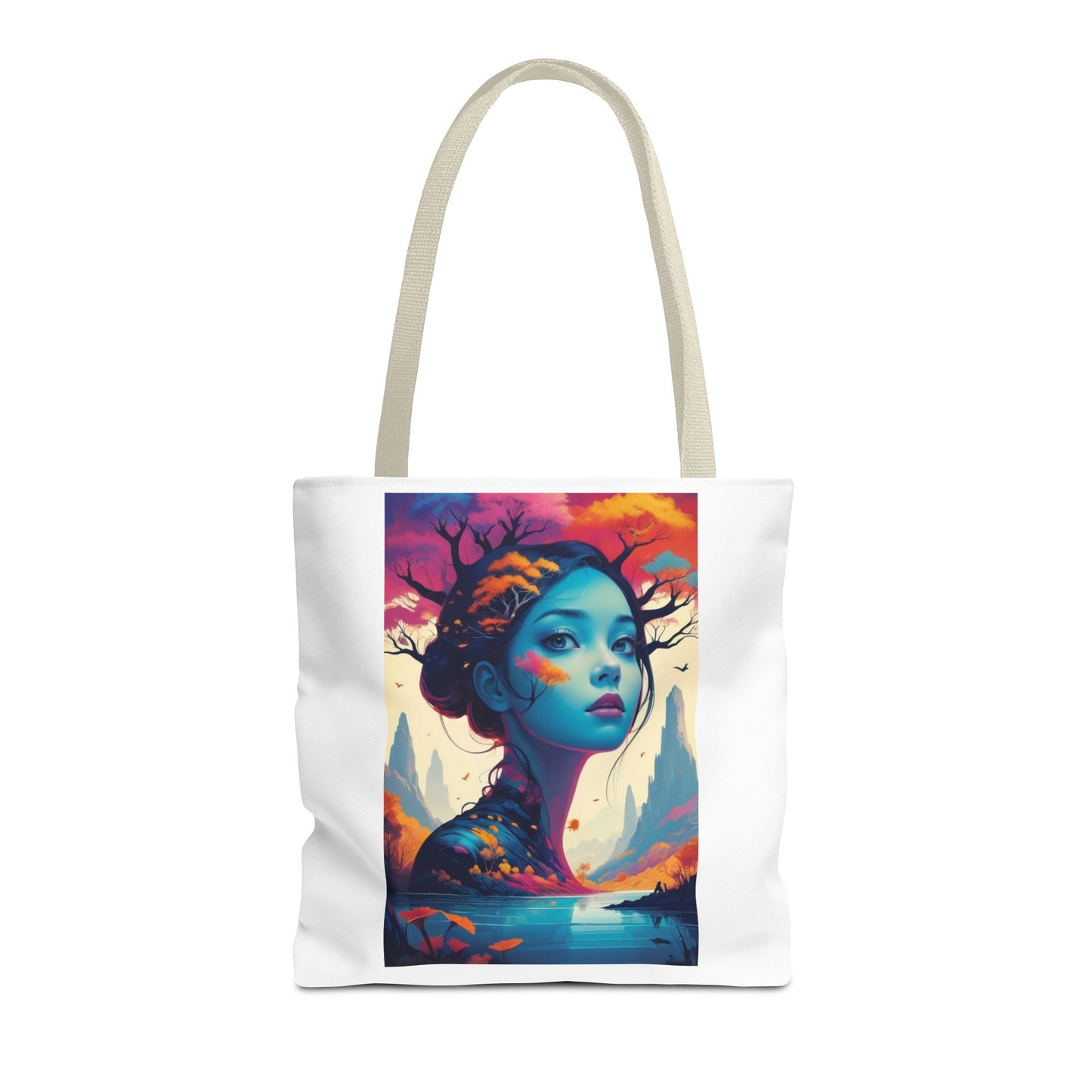 Artistic Blue Forest Maiden Tote Bag - Surreal Portrait All-Over Print