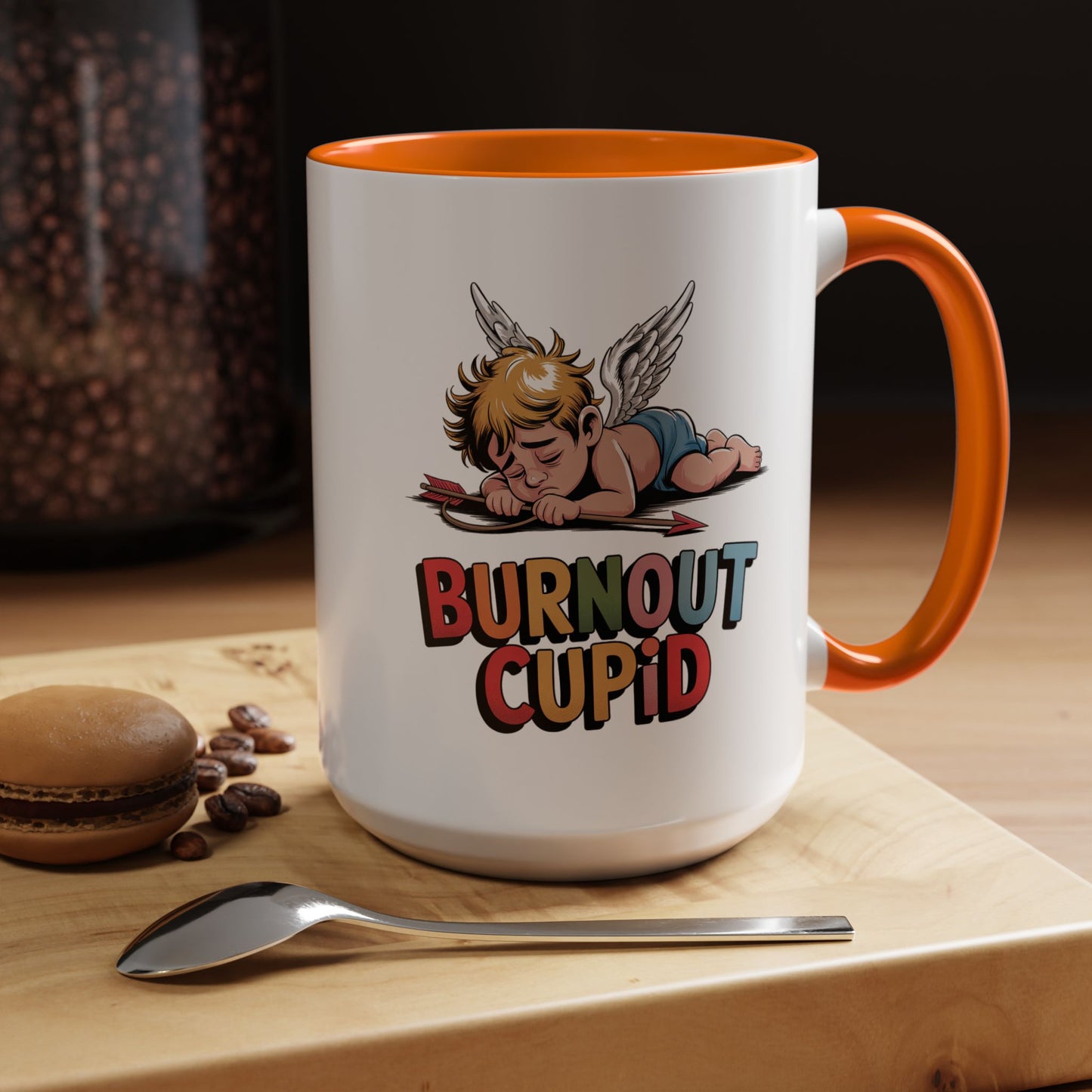 Burnout Cupid Coffee Mug — Cute Tired Cupid Accent Mug (11/15 oz)