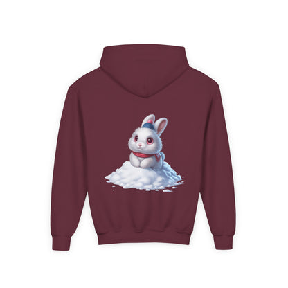 Youth Hoodie — Cute White Bunny in Snowback Graphic