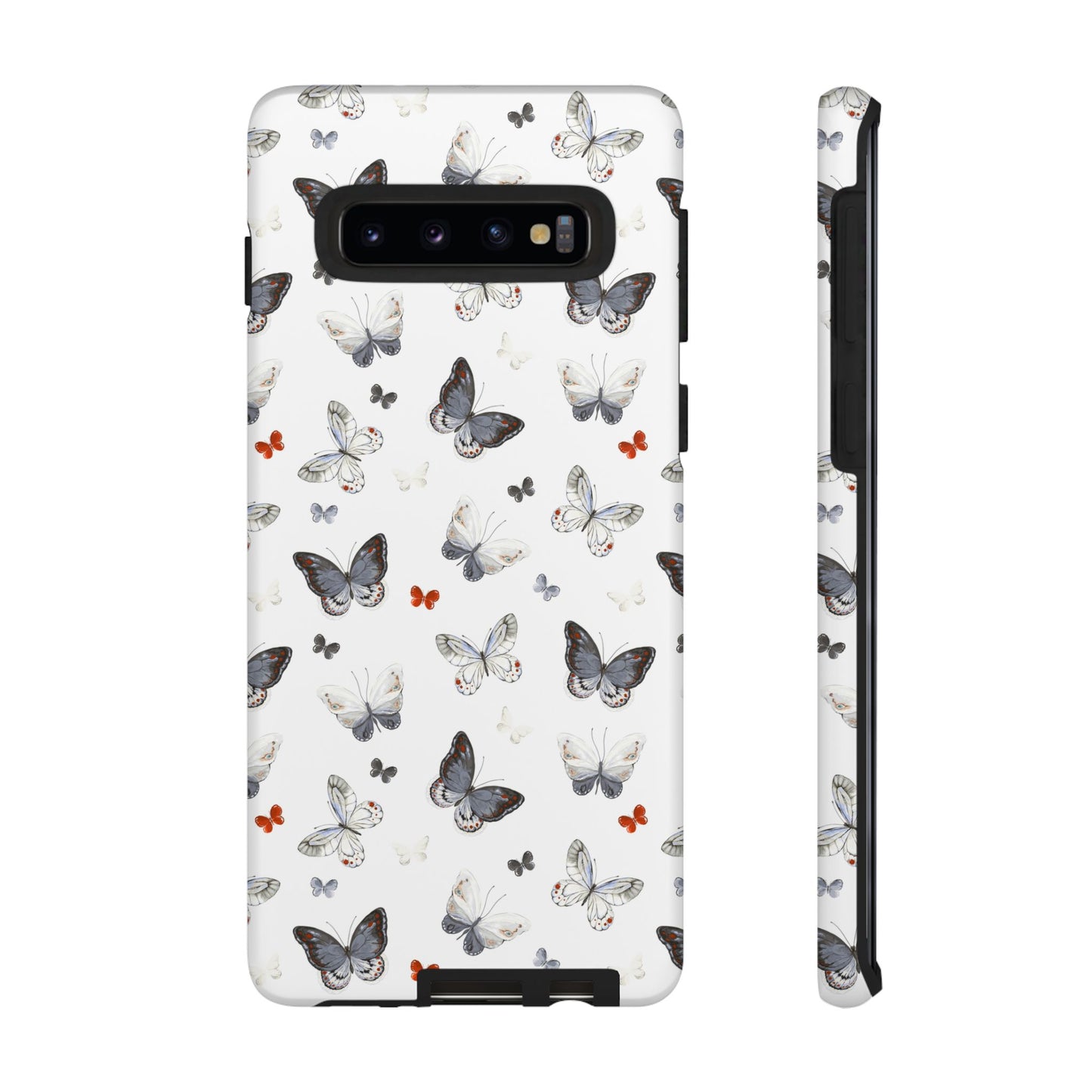 Funda para Samsung con diseño de mariposas: elegante funda protectora monocromática con detalles en rojo