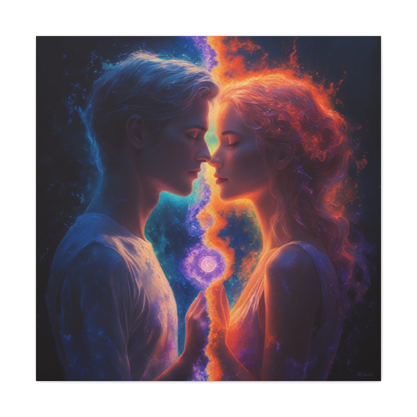 Yin Yang Lovers Matte Canvas Art — Romantic Blue & Orange Couple Wall Decor