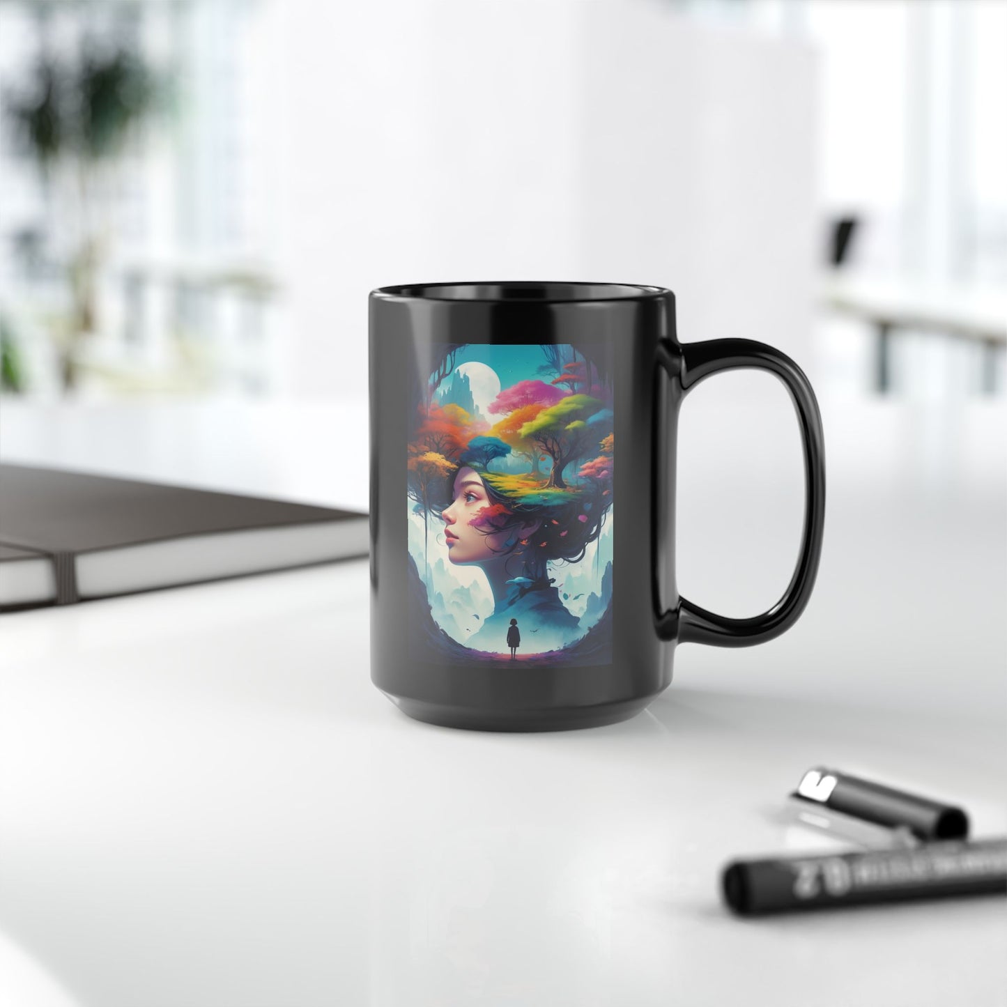 Dreamscape Art Mug — Surreal Woman & Colorful Forest Illustration (11oz/15oz)