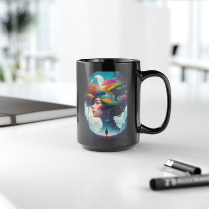 Dreamscape Art Mug — Surreal Woman & Colorful Forest Illustration (11oz/15oz)
