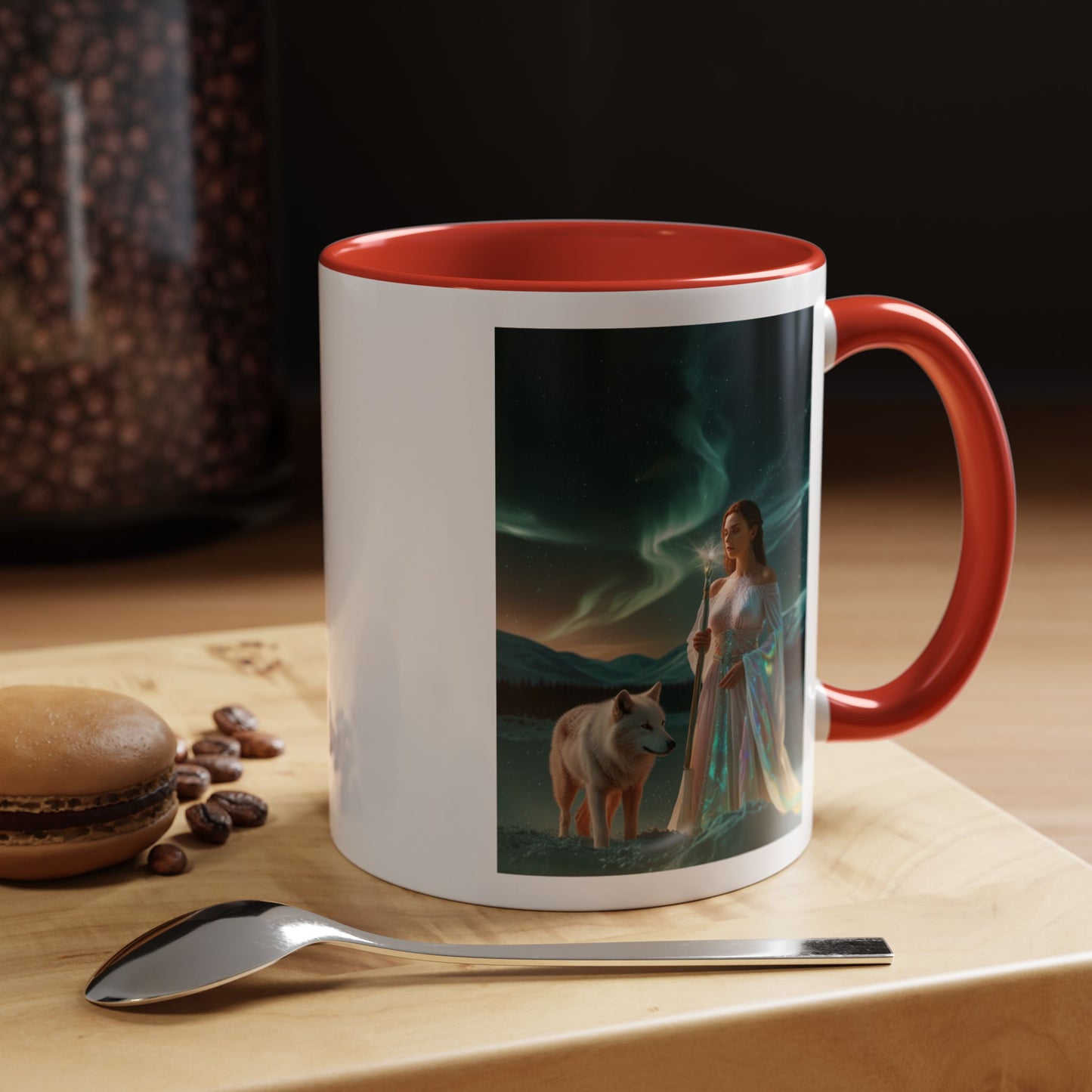 Taza de café Aurora Guardiana — Arte fantástico de mujer con lobo