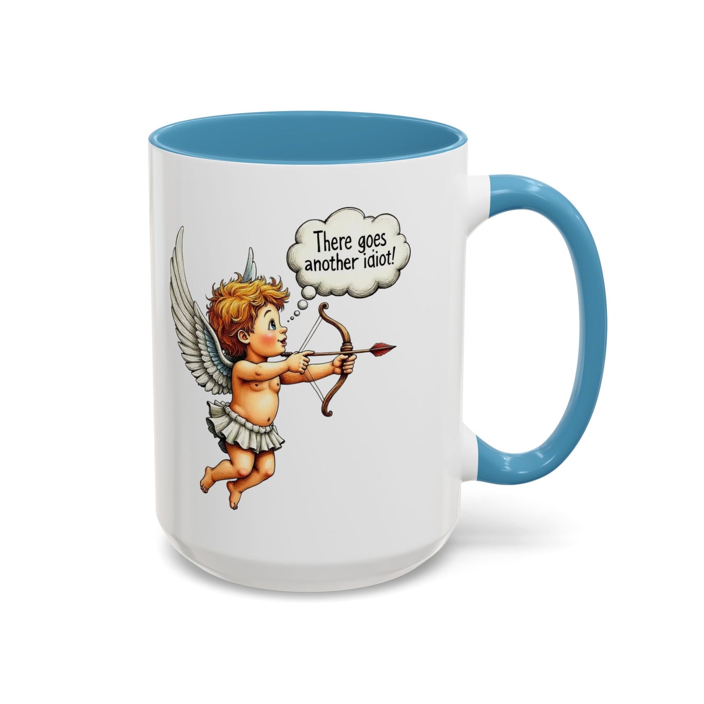 Cupid Coffee Mug — Vintage Cherub Saying "There goes another idiot!" Accent Mug