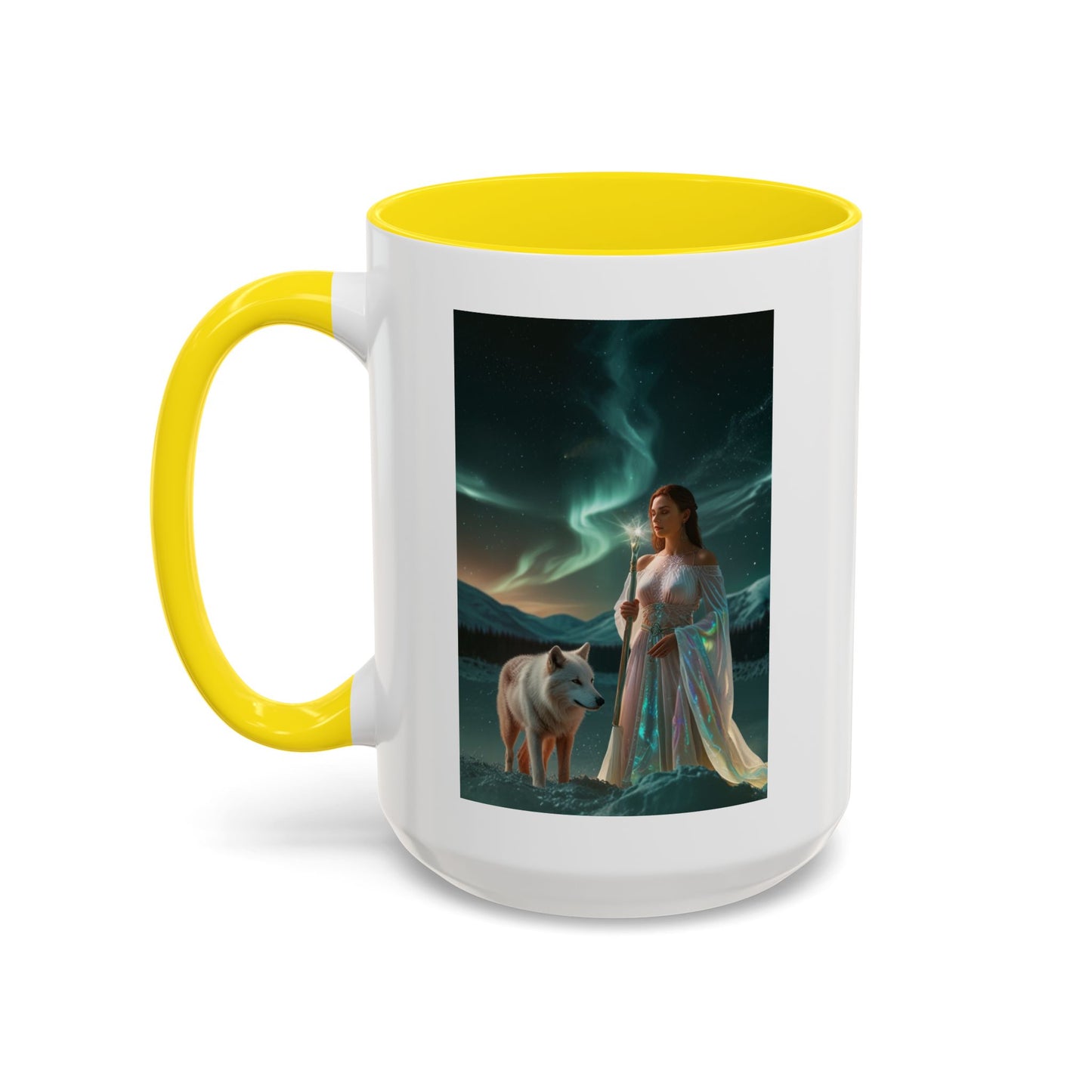 Taza de café Aurora Guardiana — Arte fantástico de mujer con lobo