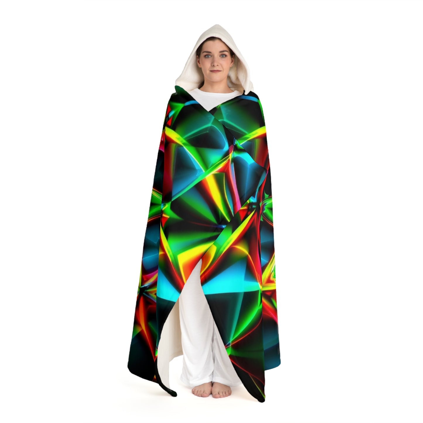 Hooded Sherpa Blanket — Neon Prism Geometric Hooded Fleece