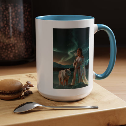 Taza de café Aurora Guardiana — Arte fantástico de mujer con lobo