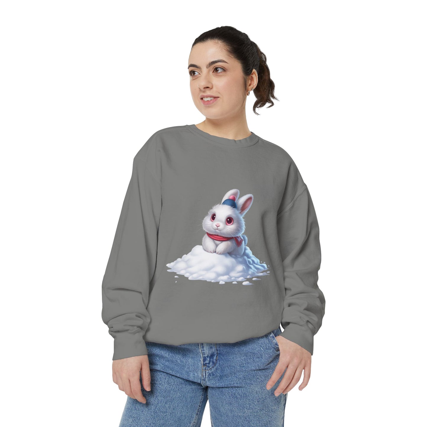 Cute Bunny Sweatshirt — White Bunny on Snow Graphic Crewneck