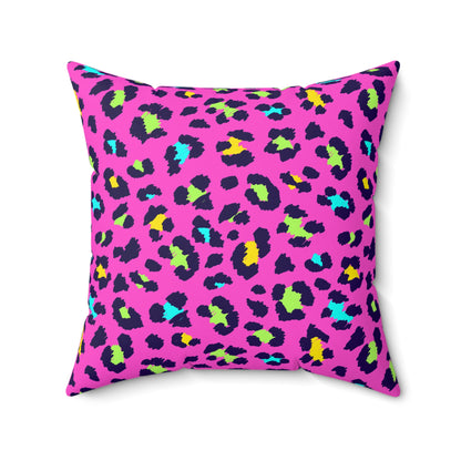 Pink Neon Leopard Print Square Pillow – Bright Animal Print Decorative Cushion