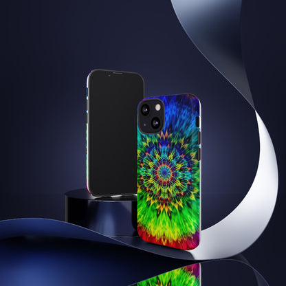 Funda resistente para teléfono con diseño de mandala psicodélico: protección vibrante con efecto tie-dye