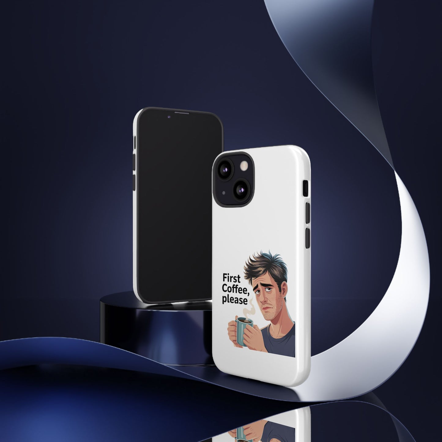 Funda para iPhone: "Primer café, por favor". Ilustración divertida del café de la mañana.