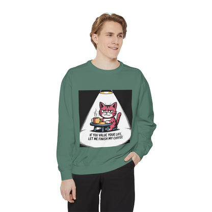 Lustiges Katzen-Sweatshirt – „Wenn dir dein Leben lieb ist, lass mich meinen Kaffee austrinken“ – Kuscheliger Pullover mit Grafikprint