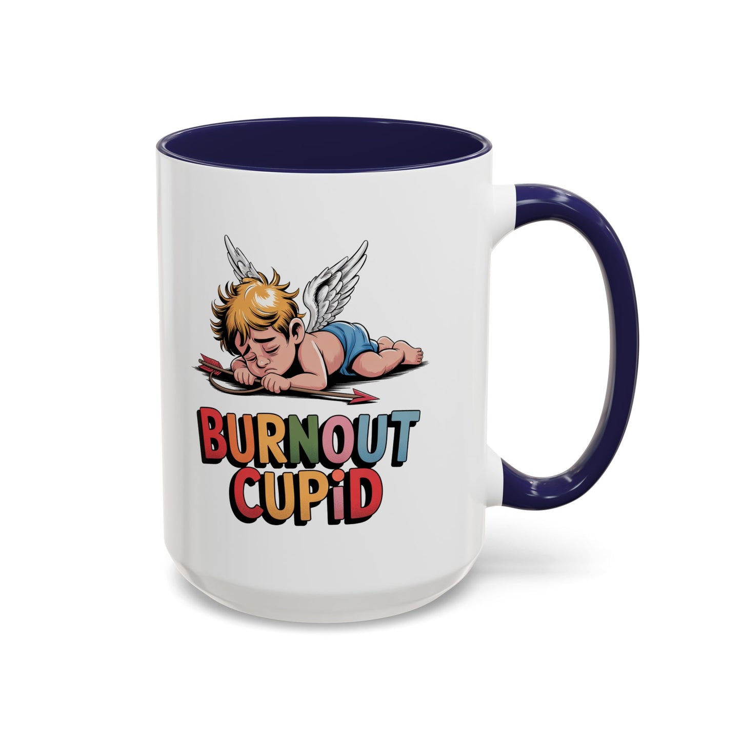 Burnout Cupid Coffee Mug — Cute Tired Cupid Accent Mug (11/15 oz)