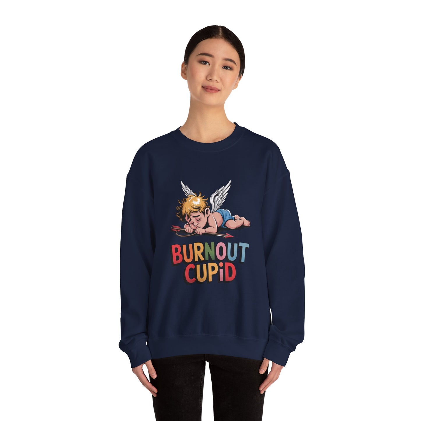 Burnout Cupid Sweatshirt — Tired Cupid Graphic Crewneck for Valentine’s Day