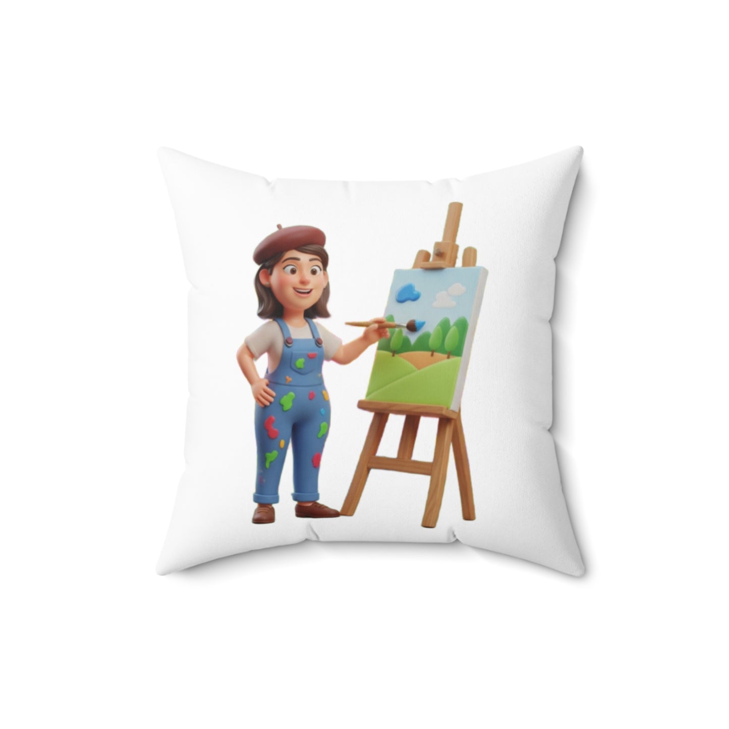 Artist Painting Pillow — Cute Painter Illustration Square Throw Pillow