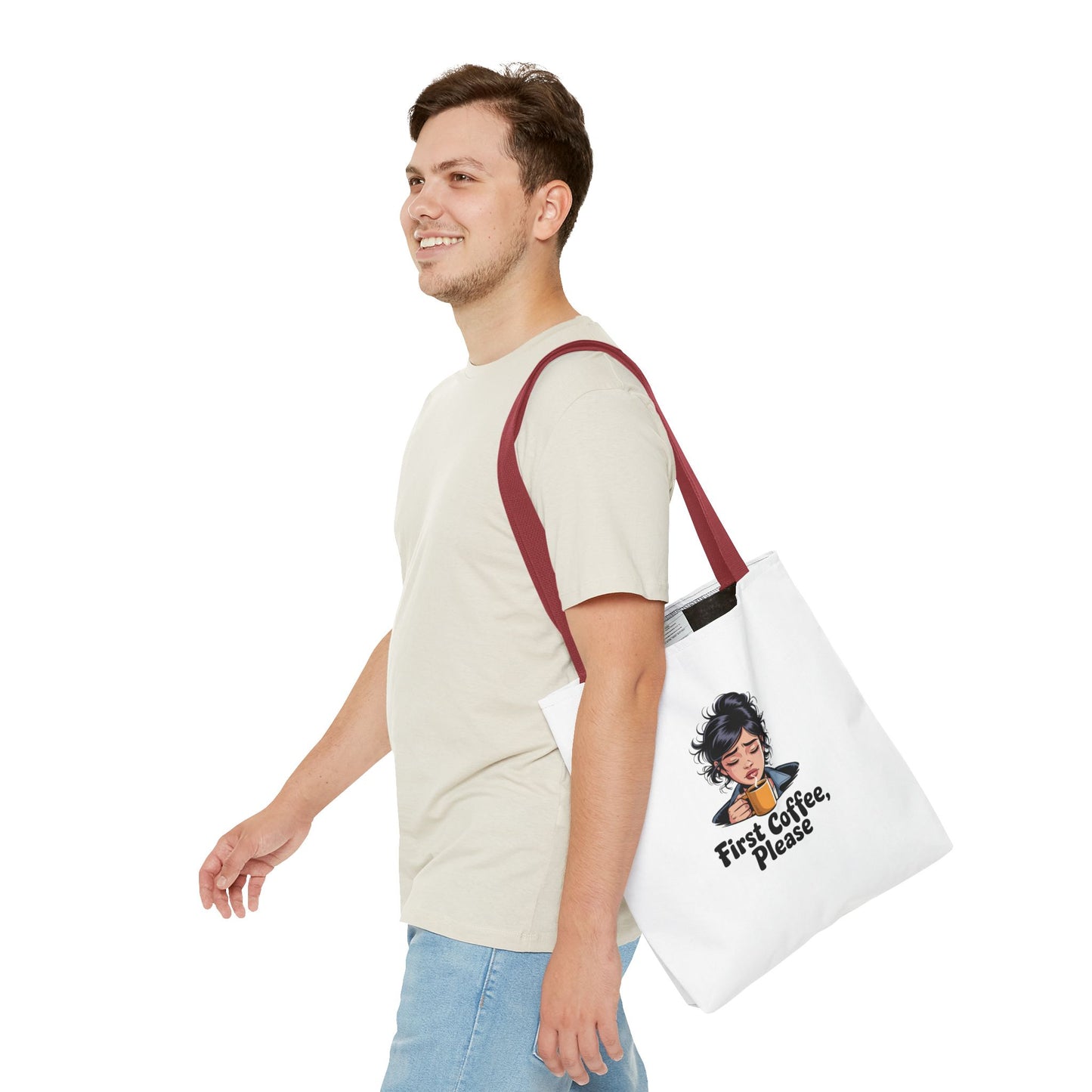 First Coffee Please Tote Bag — Cute Morning Coffee Lover Canvas Tote