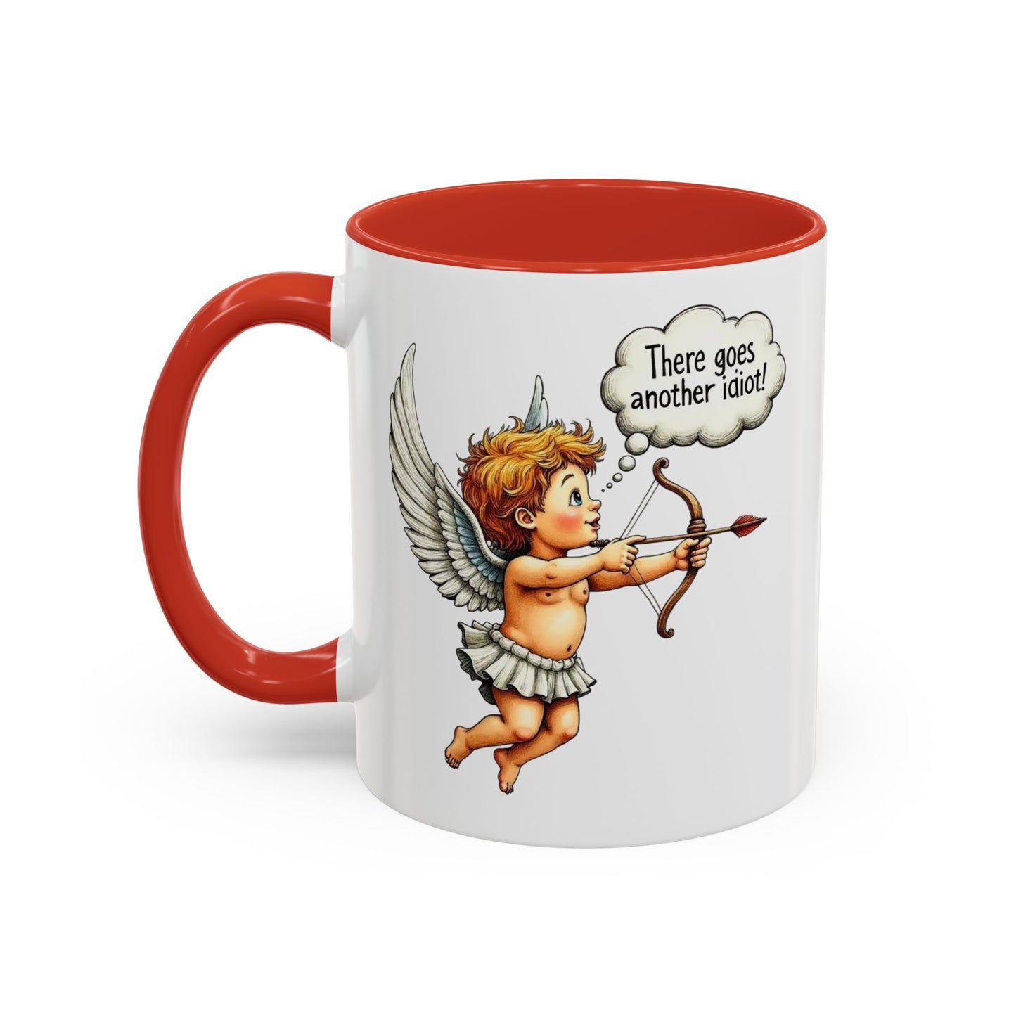 Cupid Coffee Mug — Vintage Cherub Saying "There goes another idiot!" Accent Mug