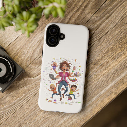 iPhone Phone Case — Hectic Mom Cartoon Design (Multitasking Mother, Kids & Chaos)