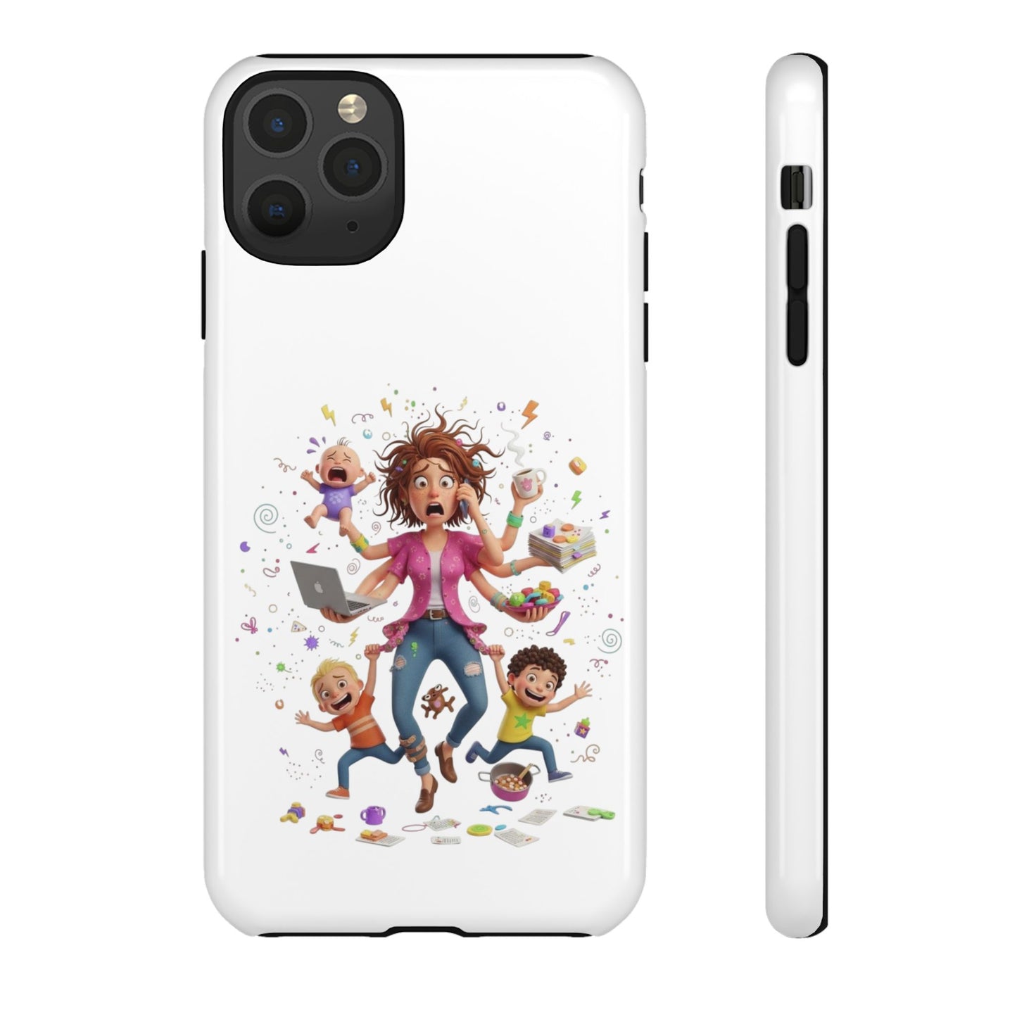iPhone Phone Case — Hectic Mom Cartoon Design (Multitasking Mother, Kids & Chaos)