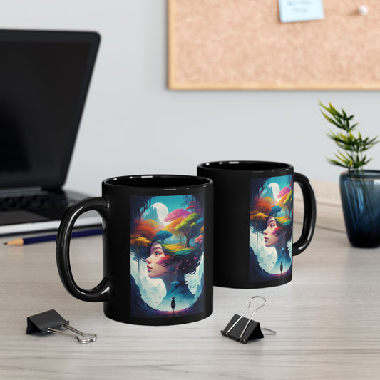 Dreamscape Art Mug — Surreal Woman & Colorful Forest Illustration (11oz/15oz)