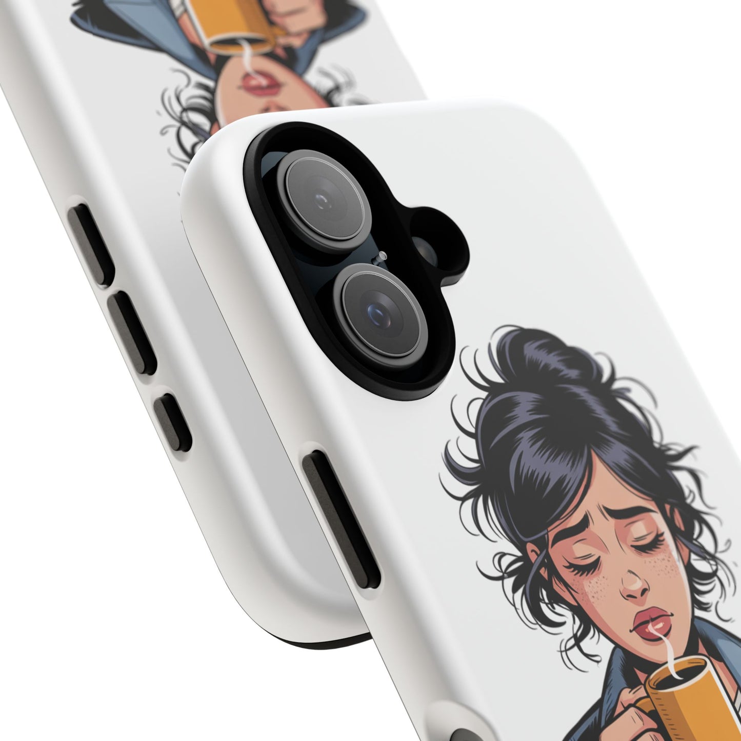 iPhone Phone Case — "First Coffee, Please" Woman Holding Mug, Funny Morning Coffee Gift